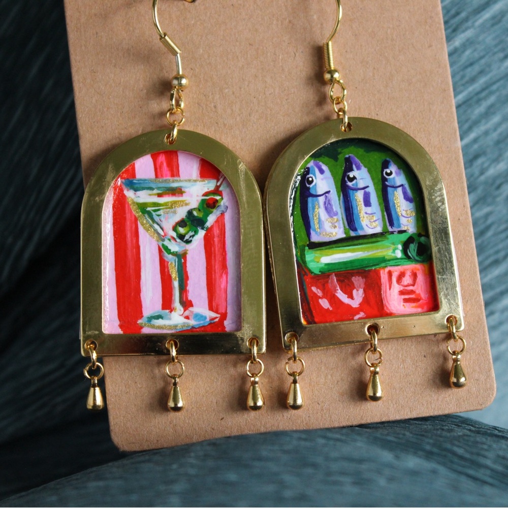 Hand painted Martini and Sardines Gold and Multicolor Dangle Earrings